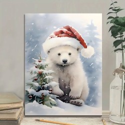 A Wooden Frame Christmas Polar Bear Canvas Art Holiday Wall Hanging Decoration Suitable For Living Room Bedroom Office Cafe-Gift Preparation Packaging Painting