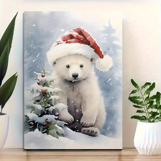 A Wooden Frame Christmas Polar Bear Canvas Art Holiday Wall Hanging Decoration Suitable For Living Room Bedroom Office Cafe-Gift Preparation Packaging Painting A Wooden Frame Christmas Polar Bear Canvas Art Holiday Wall Hanging Decoration Suitable For Living Room Bedroom Office Cafe-Gift Preparation Packaging Painting