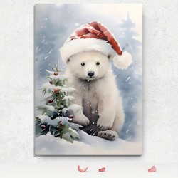 A Wooden Frame Christmas Polar Bear Canvas Art Holiday Wall Hanging Decoration Suitable For Living Room Bedroom Office Cafe-Gift Preparation Packaging Painting