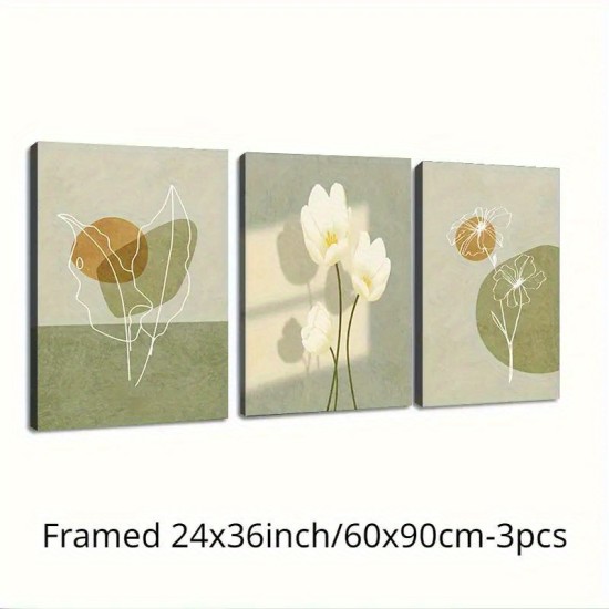 Framed 3 Piece Modern Flower Canvas Painting Minimalist Botanical Wall Art Decor Framed Boho Wall Art Prints For Living Room Bedroom And Office Wall Decor3 Framed 3 Piece Modern Flower Canvas Painting Minimalist Botanical Wall Art Decor Framed Boho Wall Art Prints For Living Room Bedroom And Office Wall Decor3