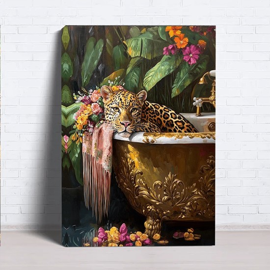 1Pc Canvas Inner Wooden Frame Vintage Leopard in Bathtub Canvas Wall Art Elegant Big Cat Printable Decor Family Theme Home Decor Ready To Hang Ideal For Bedroom 1Pc
