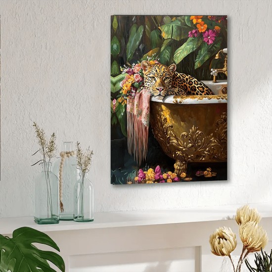 1Pc Canvas Inner Wooden Frame Vintage Leopard in Bathtub Canvas Wall Art Elegant Big Cat Printable Decor Family Theme Home Decor Ready To Hang Ideal For Bedroom 1Pc