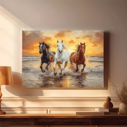 1Pc Canvas Art Wooden Inner Frame Canvas Wall Art Of Running Horses on the Beach Woven Wooden Frame Suitable For Christmas Birthday Graduation Bachelor Party School Opening-Ready To Hang Room Bathroom Kitchen Decoration Christmas Decorations Clearance