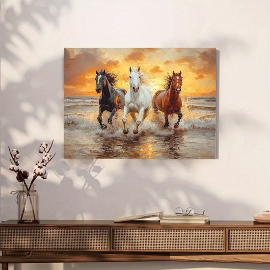 1Pc Canvas Art Wooden Inner Frame Canvas Wall Art Of Running Horses on the Beach Woven Wooden Frame Suitable For Christmas Birthday Graduation Bachelor Party School Opening-Ready To Hang Room Bathroom Kitchen Decoration Christmas Decorations Clearance
