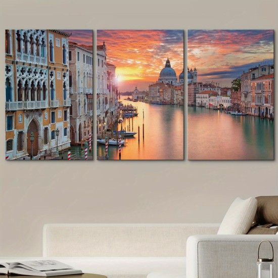 3 Piece Canvas Wall Art - Venice. Image Of GrAnd Canal in Venice with Santa Maria Della Salute Basilica - Modern Home Art 3 Piece Canvas Wall Art - Venice. Image Of GrAnd Canal in Venice with Santa Maria Della Salute Basilica - Modern Home Art