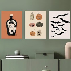 3Pc Wood Framed Canvas art Painting Of Spooky Halloween Wall Art:3 Pieces Pumpkin And Bat Canvas-Framed Wall Canvas Painting Of 3Pcs/Set Perfect For Living Room Balcony Or As A Party Gift