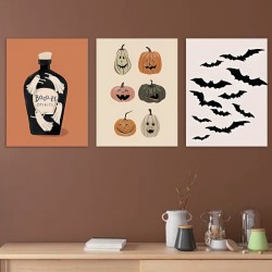 3Pc Wood Framed Canvas art Painting Of Spooky Halloween Wall Art:3 Pieces Pumpkin And Bat Canvas-Framed Wall Canvas Painting Of 3Pcs/Set Perfect For Living Room Balcony Or As A Party Gift