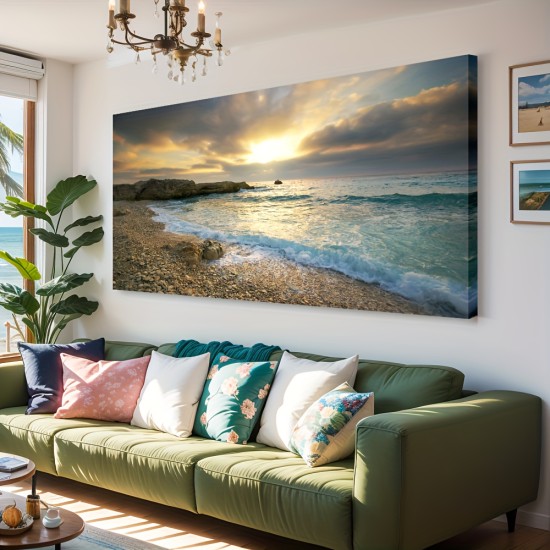 Canvas Wall Art Sunset Beach Blue Waves Ocean Art Large Modern Artwork Canvas Prints Contemporary Pictures Framed Ready To Hang For Home Decoration