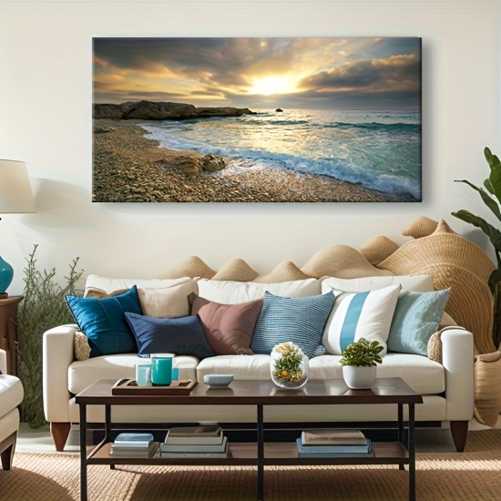 Canvas Wall Art Sunset Beach Blue Waves Ocean Art Large Modern Artwork Canvas Prints Contemporary Pictures Framed Ready To Hang For Home Decoration