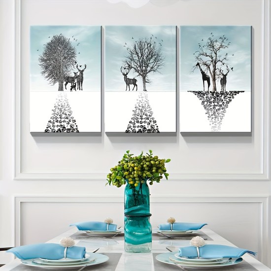 3Pc Wooden Inner Frame Canvas Painting Art Elk And Dead Tree Snow Scene Art Paintings Simple Christmas Pattern Artwork Wall Painting Living Room Bedroom Bathroom Office Corridor Wall Decoration Hanging Directly