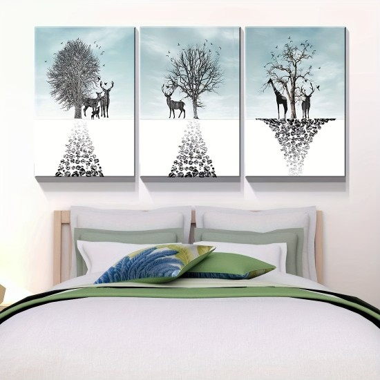 3Pc Wooden Inner Frame Canvas Painting Art Elk And Dead Tree Snow Scene Art Paintings Simple Christmas Pattern Artwork Wall Painting Living Room Bedroom Bathroom Office Corridor Wall Decoration Hanging Directly