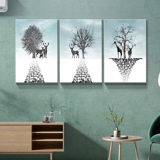 3Pc Wooden Inner Frame Canvas Painting Art Elk And Dead Tree Snow Scene Art Paintings Simple Christmas Pattern Artwork Wall Painting Living Room Bedroom Bathroom Office Corridor Wall Decoration Hanging Directly