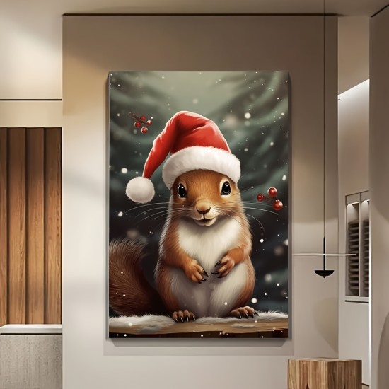 Christmas Hat Charming Squirrel Canvas Art-Vintage Style Reusable Wooden Frame Wall Decorations Festival Room Aesthetics Christmas Hat Charming Squirrel Canvas Art-Vintage Style Reusable Wooden Frame Wall Decorations Festival Room Aesthetics