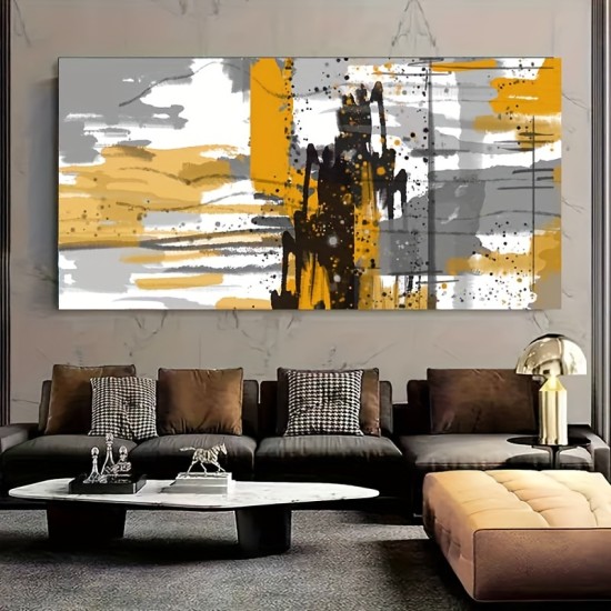 1Pc Large Abstract Graffiti Wall Art Modern Large Canvas Wall Art Gold And Gray Wall Decor Artwork Wall Painting For Gift Bedroom Office Living Room Cafe Bar Wall Decor Home And DormiTory Ready To Hang Wooden Frame - Thickness 0.6inch