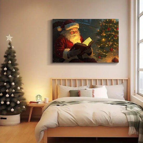 Santa Claus Reading Bible by the Fireplace-Holiday Christmas Painting Cloth Wall Art with Wooden Frame Suitable For Bedroom Living Room And Corridor Decoration 1.5 Inches Thick Perfect Room Decoration Santa Claus Reading Bible by the Fireplace-Holiday Christmas Painting Cloth Wall Art with Wooden Frame Suitable For Bedroom Living Room And Corridor Decoration 1.5 Inches Thick Perfect Room Decoration