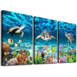 3Pc Wooden Inner Frame Canvas Wall Artistic Living Room Home Wall Decor Bedroom Bathroom Wall Decor Blue Ocean Sea Turtle Painting Modern Shark Picture Artwork Office Can Be Hung Directly