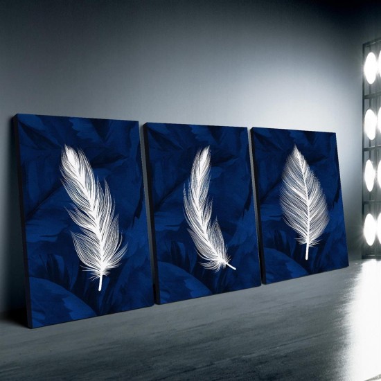 3Pc Wooden Inner Frame Canvas Painting Art Modern Navy Blue Feather Art Canvas Wall Decoration Suit WaterproOf Wooden Frame Geometric Design Suitable For Living Room Bedroom Office Cafe-Home And DormiTory Decoration