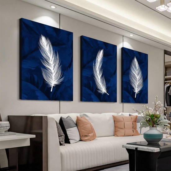 3Pc Wooden Inner Frame Canvas Painting Art Modern Navy Blue Feather Art Canvas Wall Decoration Suit WaterproOf Wooden Frame Geometric Design Suitable For Living Room Bedroom Office Cafe-Home And DormiTory Decoration