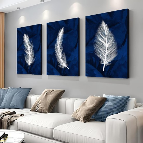 3Pc Wooden Inner Frame Canvas Painting Art Modern Navy Blue Feather Art Canvas Wall Decoration Suit WaterproOf Wooden Frame Geometric Design Suitable For Living Room Bedroom Office Cafe-Home And DormiTory Decoration