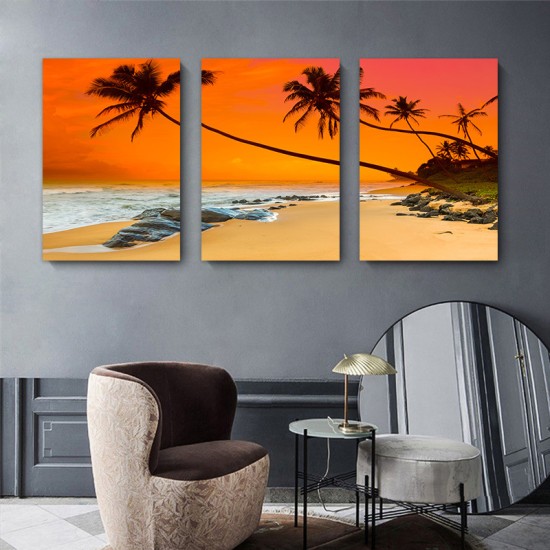 Framed 3 Piece Modern Seascape Wall Art Sunset Over The Sea Print Palms Canvas Wall Art Sunset Beach Poster Palms Tree Print Tropical IslAnd Ocean Sunset Beach Wall Art Canvas Print For Home Decor