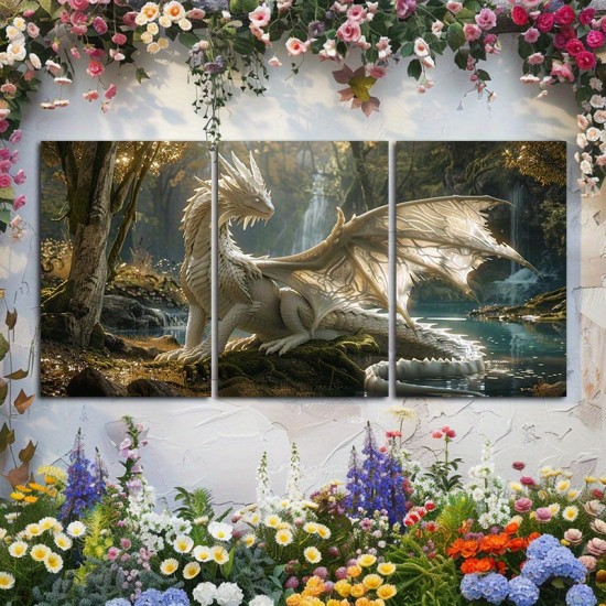3Pc Wooden Inner Frame Canvas Painting Artwork In The Rest Elegant Dragon Canvas Wall Art Print-Fantasy Forest Dragon Wall Decoration Suitable For Living Room And Bedroom-Mythical Creature Fairy Dragon Hanging Directly