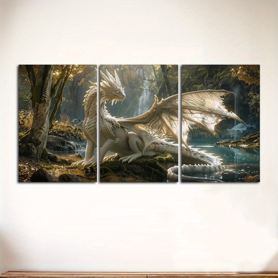 3Pc Wooden Inner Frame Canvas Painting Artwork In The Rest Elegant Dragon Canvas Wall Art Print-Fantasy Forest Dragon Wall Decoration Suitable For Living Room And Bedroom-Mythical Creature Fairy Dragon Hanging Directly