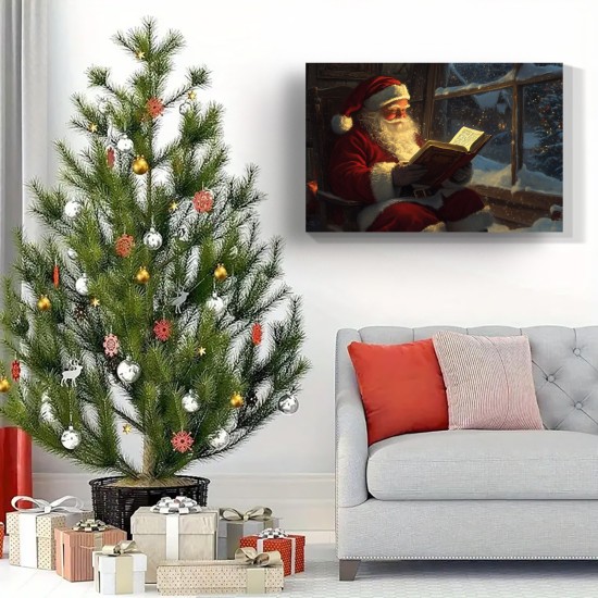 Santa Claus Reading Bible by the Fireplace-Holiday Christmas Painting Cloth Wall Art with Wooden Frame Suitable For Bedroom Living Room And Corridor Decoration 1.5 Inches Thick Perfect Room Decoration