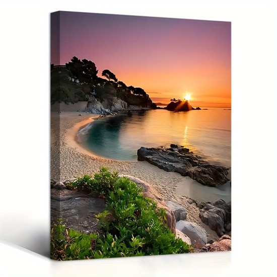 1Pc Wooden Framed Canvas Painting Beautiful Sunset On The Beach Wall Art Prints With Frame For Living Room&Bedroom Home Decoration Festival Gift.