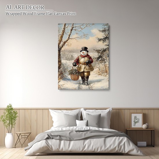 1Pc Vintage Snowman Canvas Print Wrapped Wooden Box Mural Holiday Christmas Winter Decoration Flat Canvas With Ready To Hang In Living Room Bedroom Office Restaurant Cafe