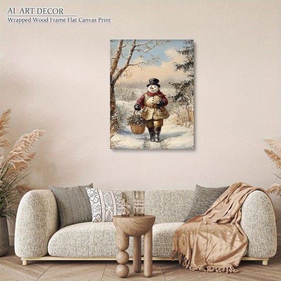 1Pc Vintage Snowman Canvas Print Wrapped Wooden Box Mural Holiday Christmas Winter Decoration Flat Canvas With Ready To Hang In Living Room Bedroom Office Restaurant Cafe