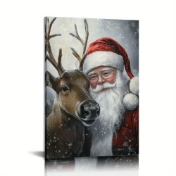A Painting Of Art Renaissance Style Santa Claus And Deer Canvas Mural-Wooden Frame Holiday Christmas Wall Hanging Decoration Ideal Gift Creating A Classic Holiday Atmosphere