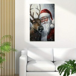 A Painting Of Art Renaissance Style Santa Claus And Deer Canvas Mural-Wooden Frame Holiday Christmas Wall Hanging Decoration Ideal Gift Creating A Classic Holiday Atmosphere