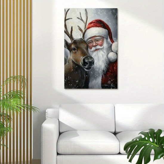 A Painting Of Art Renaissance Style Santa Claus And Deer Canvas Mural-Wooden Frame Holiday Christmas Wall Hanging Decoration Ideal Gift Creating A Classic Holiday Atmosphere A Painting Of Art Renaissance Style Santa Claus And Deer Canvas Mural-Wooden Frame Holiday Christmas Wall Hanging Decoration Ideal Gift Creating A Classic Holiday Atmosphere