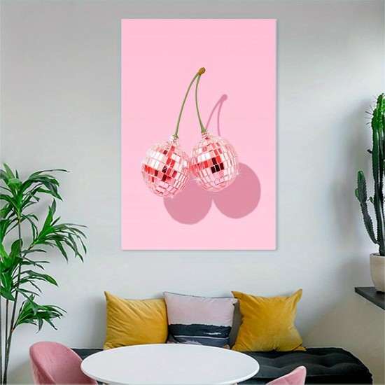 1Pc Framed Canvas Poster XMJJQQ Trendy Disco Ball Print Poster Funky Disco Cherries Art Canvas Pink Cherries Picture Fruit Wall Art Party Theme Bar Cart Wall Art Dorm