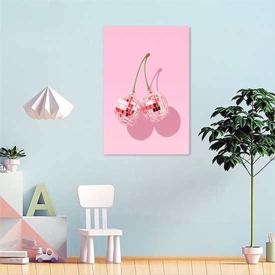 1Pc Framed Canvas Poster XMJJQQ Trendy Disco Ball Print Poster Funky Disco Cherries Art Canvas Pink Cherries Picture Fruit Wall Art Party Theme Bar Cart Wall Art Dorm