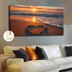 20x40in Wrapped Canvas Heart-Shaped Seaside Sunset LAndscape Painting - Unique Art Deco Coastal Wall Art For Bedroom Office Living Room Cafe Bar - HAnd-Painted On Canvas with Pine Wood Frame Perfect For Fall And Spring Decor