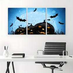 3Pc Wooden Frame Halloween Glowing Pumpkin Canvas Artwork Painting Contemporary Minimalist Abstract Artwork For Bedroom Bathroom Living Room Wall Decor