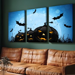 3Pc Wooden Frame Halloween Glowing Pumpkin Canvas Artwork Painting Contemporary Minimalist Abstract Artwork For Bedroom Bathroom Living Room Wall Decor