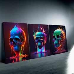 3Pc Halloween Wooden Frame Canvas Painting Cyberpunk Art Abstract Skull Canvas Wall Art Color Human Skull Canvas Art Printing Skull Picture Printing Boys Room Halloween Day Of the Dead Decoration Fantasy Artwork Ideal Gift