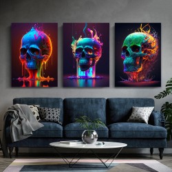 3Pc Halloween Wooden Frame Canvas Painting Cyberpunk Art Abstract Skull Canvas Wall Art Color Human Skull Canvas Art Printing Skull Picture Printing Boys Room Halloween Day Of the Dead Decoration Fantasy Artwork Ideal Gift