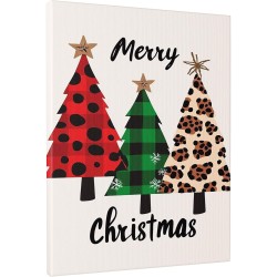 1 Piece Holiday Wooden Merry Christmas Canvas Mural Colorful Polka Dot And Leopard Print Christmas Tree Holiday Aesthetic Home And Bedroom Decoration Hemming Canvas Painting-Hemming Canvas Canvas