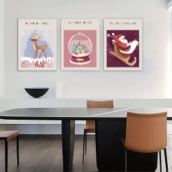 Three-Piece Christmas Wooden Frame Canvas Painting Art Winter Wall Decoration Canvas Suit-Mixed Color Santa Claus Reindeer Snowball Design Suitable For Home Decoration Living Room Dining Room Bedroom Kitchen Bathroom Oil Painting Wooden Frame